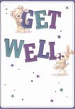 This get well card glows with cheerful optimism, capturing the spirit of Nine Elms with its playful artistry and warm comfort. Two adorable friends-a teddy bear, shaded in soft honey and chestnut tones, and a puppy sporting floppy, suede-like ears in creamy taupe-appear to frolic right off the page as they cradle the large, exuberant letters of 'Get Well.' The vivid indigo and teal hues of the text are striking against the creamy white background, offering a visual lift that echoes a summer stroll through nearby Vauxhall Pleasure Gardens. Scattered around the scene, stars in cool shades of blue and purple twinkle, weaving subtle magic and hope into the air. The fur of both the bear and the puppy is delicately textured, inviting a sense of tenderness and tactile warmth, reminiscent of sharing comfort as a true Nine Elms neighbour might. Much more than a simple card, this image delivers an emotional salve-an embrace of comfort and sincere encouragement to anyone in recovery, just like a personal note attached to a fresh bouquet delivered with care by the Flowers Nine Elms team.
